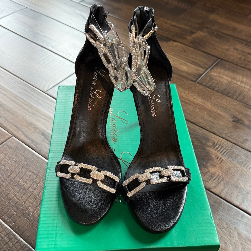 Lauren Lorraine Farla Black Women's Rhinestones Open Chain Ankle‎ Strap Sandal 8